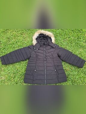 Nautica Women’s 1X Black Puffer Jacket Detachable Faux Fur Hood Water Resistant